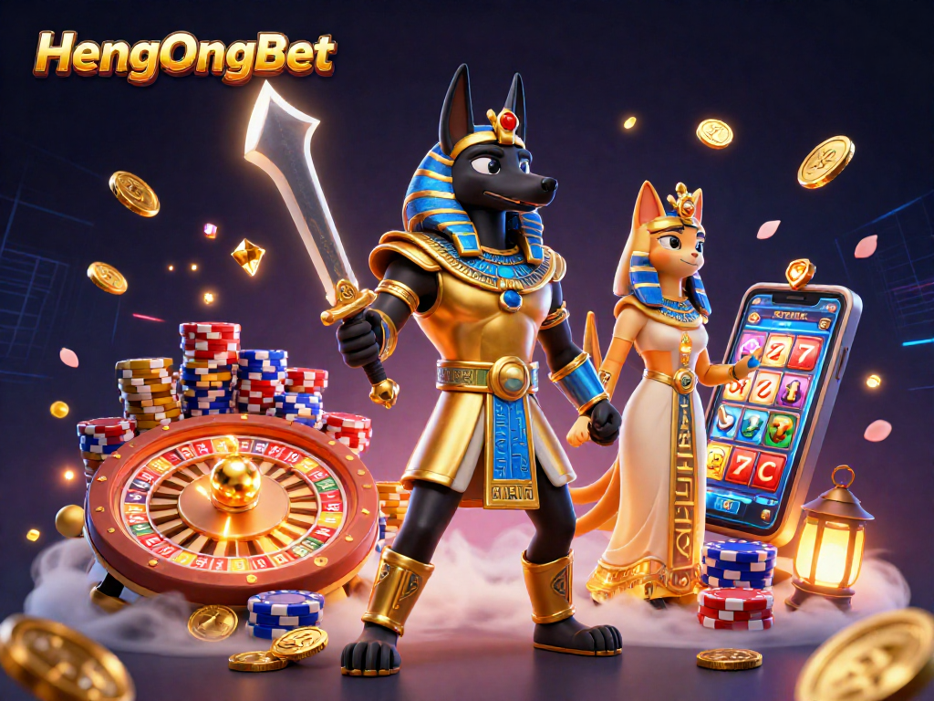 Experience the excitement of HengOngBet with vibrant casino elements and ancient Egyptian themes.