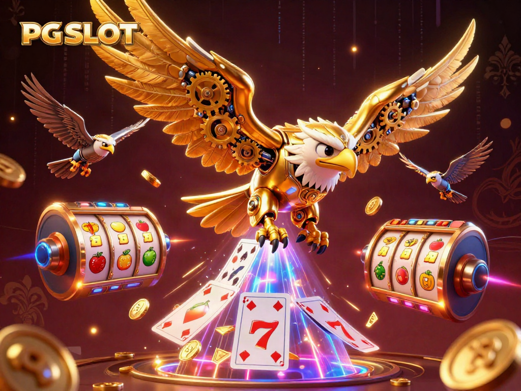 Experience thrilling luck with PG SLOT as a cybernetic eagle soars over dynamic slot reels and jackpots.
