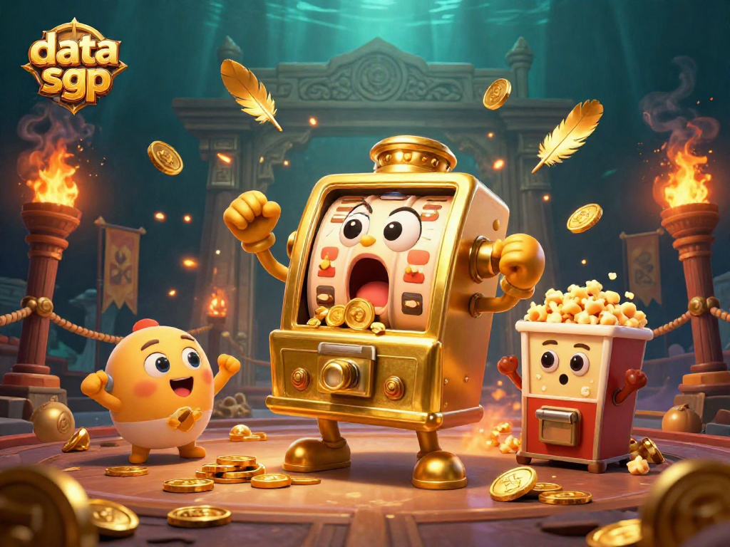Slot mesin hijau mengeluarkan koin saat memenangkan data sgp dan ceria dikelilingi elemen kasino.