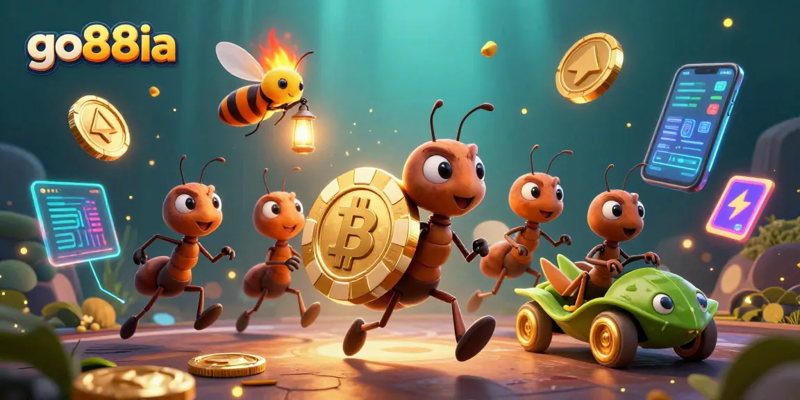 Engage with go88ia's thrilling heist as ants transport mega poker chips amidst glittering crypto elements.