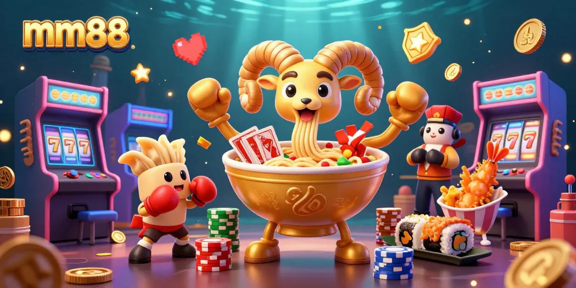 Engage with the fun side of mm88 as a golden ramen bowl deals cards amidst colorful casino elements.
