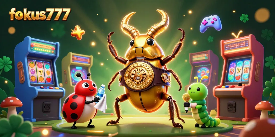 Engage with fokus777 at an exciting gaming casino featuring vibrant slot elements and dynamic characters.