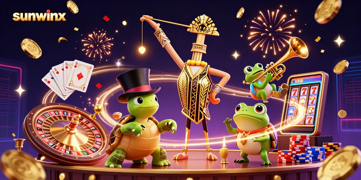 Engage with sunwinx in a vibrant casino scene featuring a 3D crane, turtle, and frog in celebratory action.