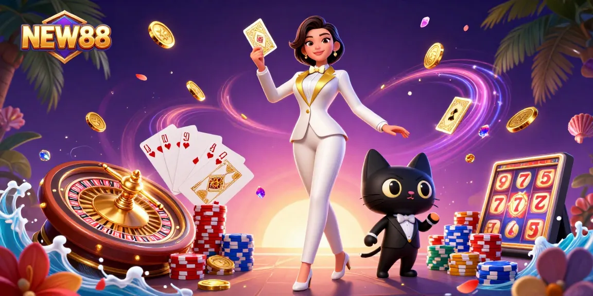 Experience the excitement at NEW88 with a glamorous dealer and abundant casino elements.