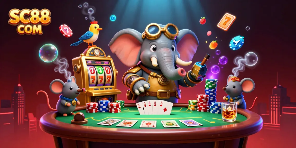 Experience the thrill at SC88 COM with a steampunk elephant managing a golden slot machine amidst vibrant casino elements.
