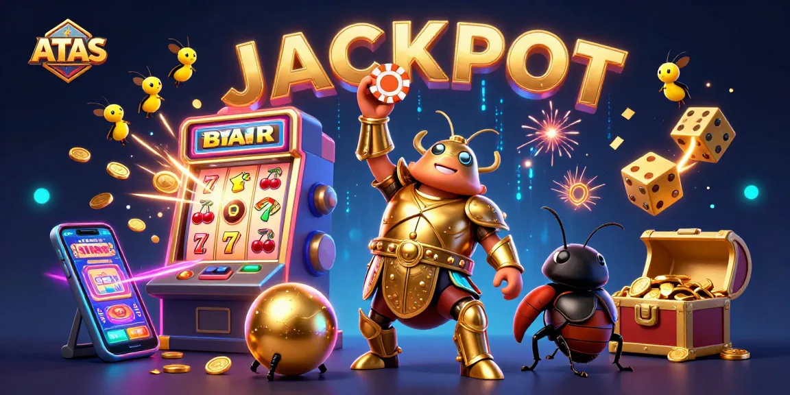 ATAS cartoon beetle winning at slots with vibrant jackpot celebration