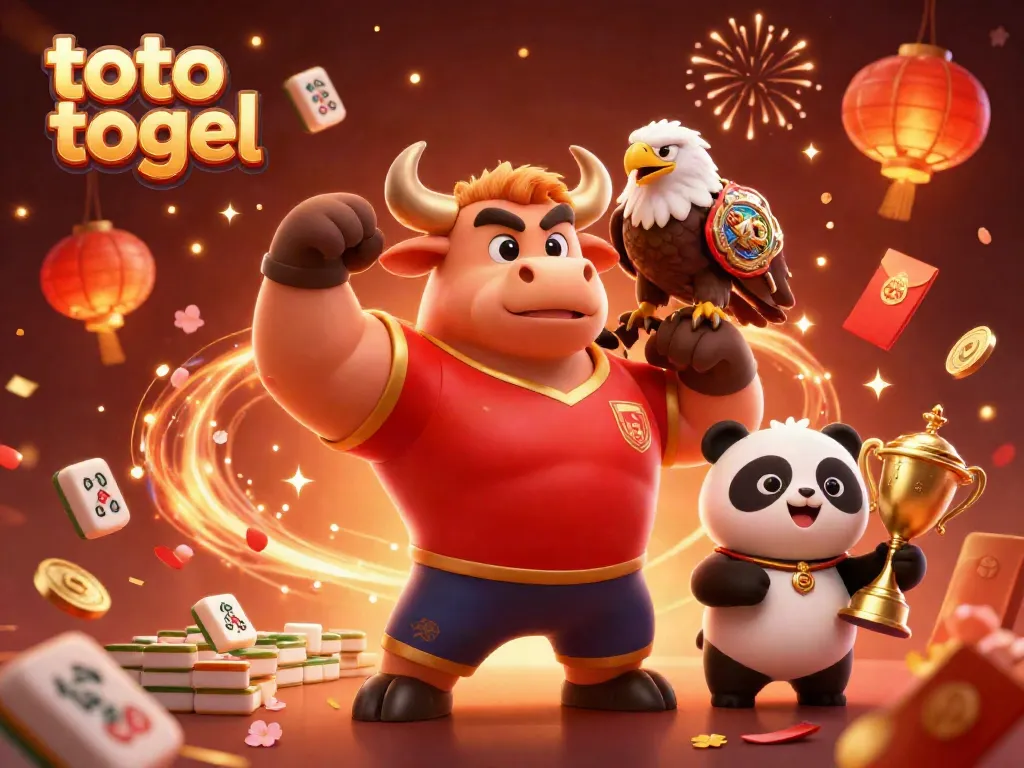 Toto togel celebration scene featuring a bull mascot and panda with fireworks and vibrant decorations.