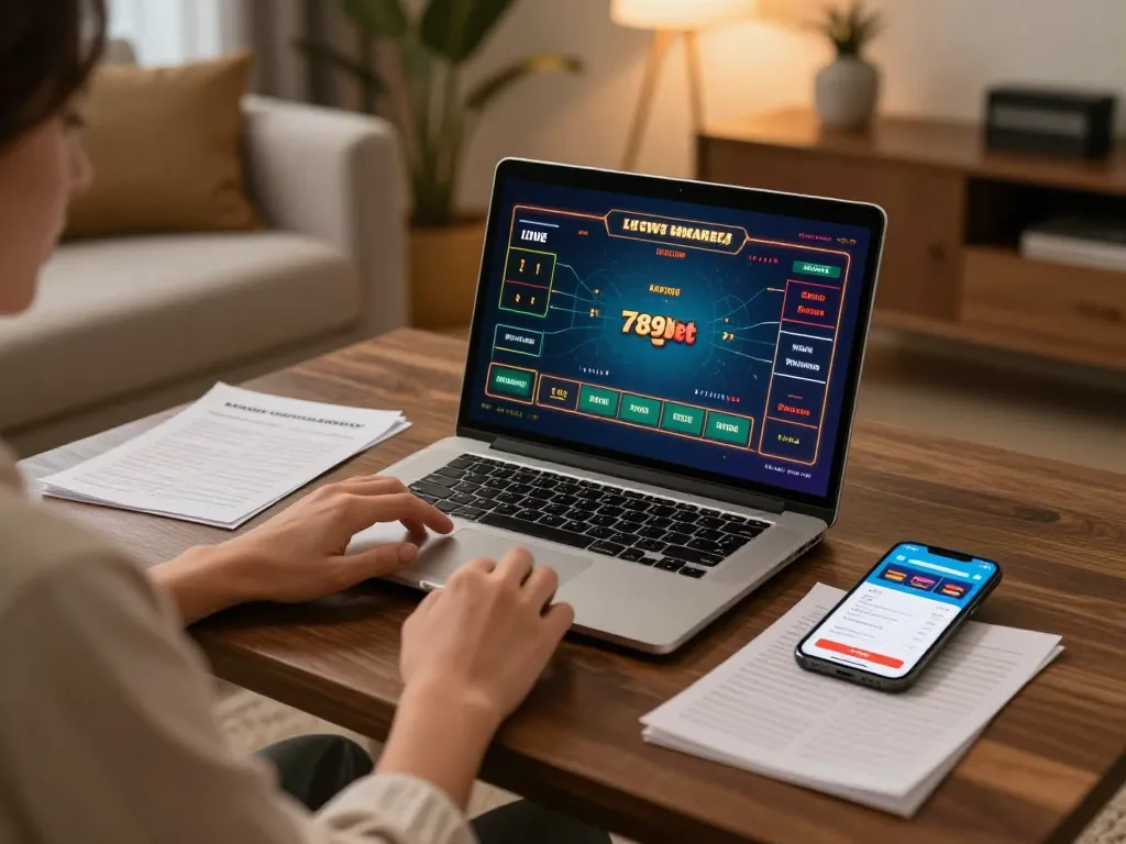 Engaging online gaming moment with 789bet app displayed on laptop, showcasing responsible gambling.