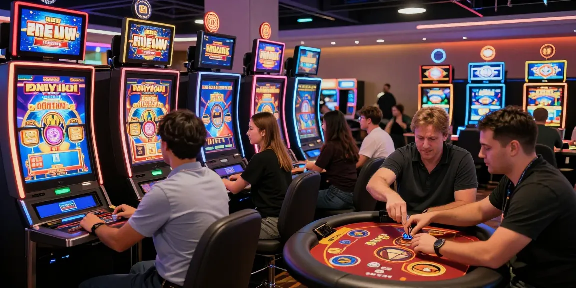 Vibrant scene of players at credit card casinos on https://eviz.org.uk, showcasing a lively gaming atmosphere with digital promotions.