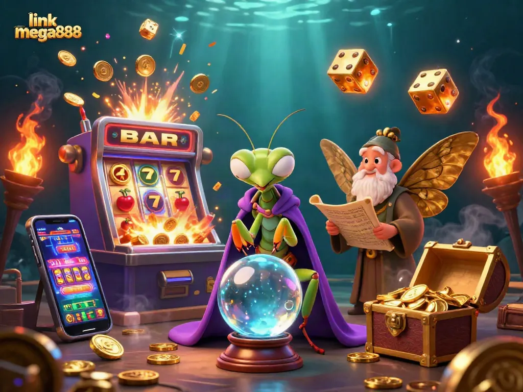 Experience the excitement of link mega888 with a vibrant casino scene featuring dynamic characters and rich gaming elements.