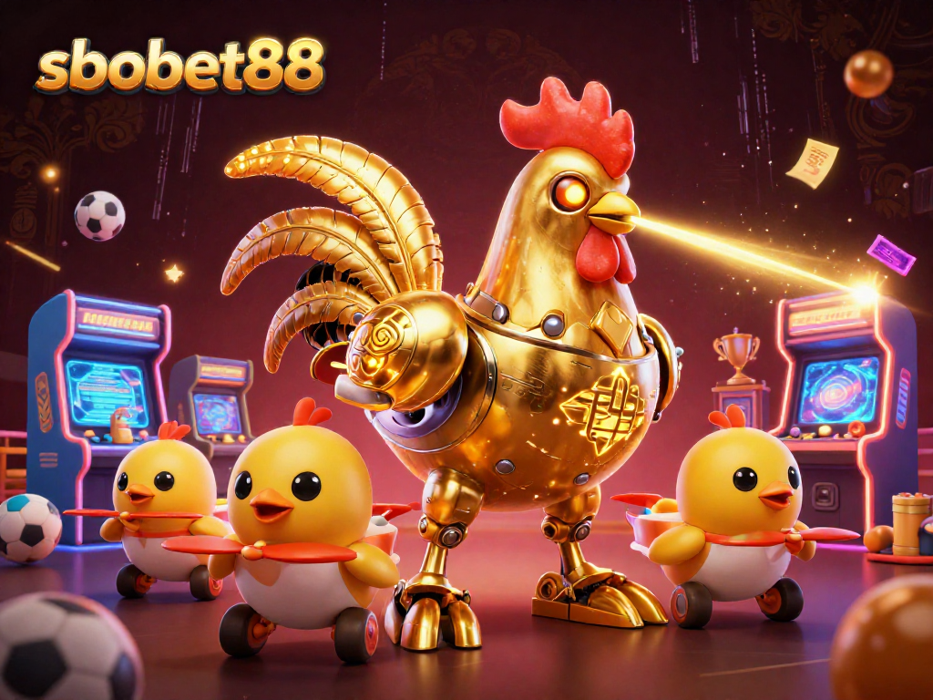 Experience sbobet88 with a dynamic scene featuring sports elements and retro-futuristic characters.
