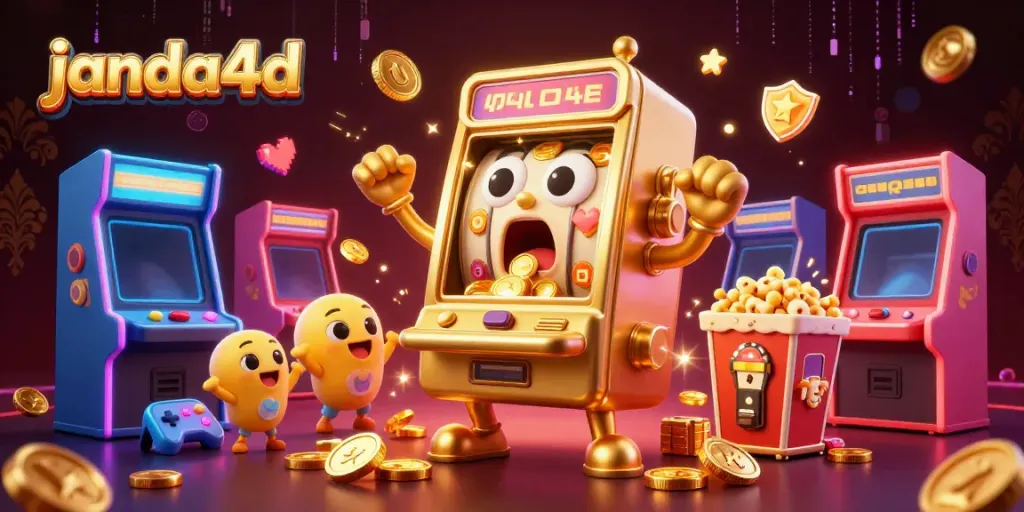 Mesin slot janda4d menunjukkan jackpot dengan latar penuh warna, penuh semangat dan detail.