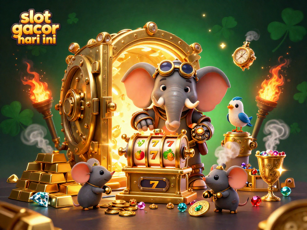 Menyaksikan slot gacor hari ini dengan karakter gajah steampunk dan mesin slot emas penuh harta.