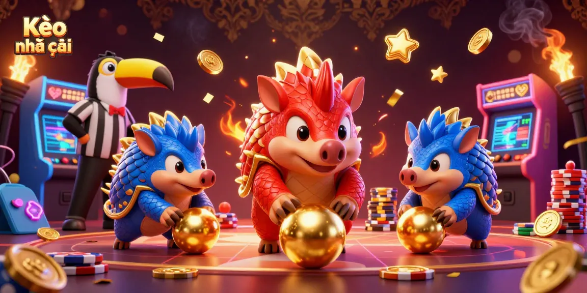 Kèo nhà cái showcases a vibrant 3D casino scene with animated pangolins competing and poker chips flying.