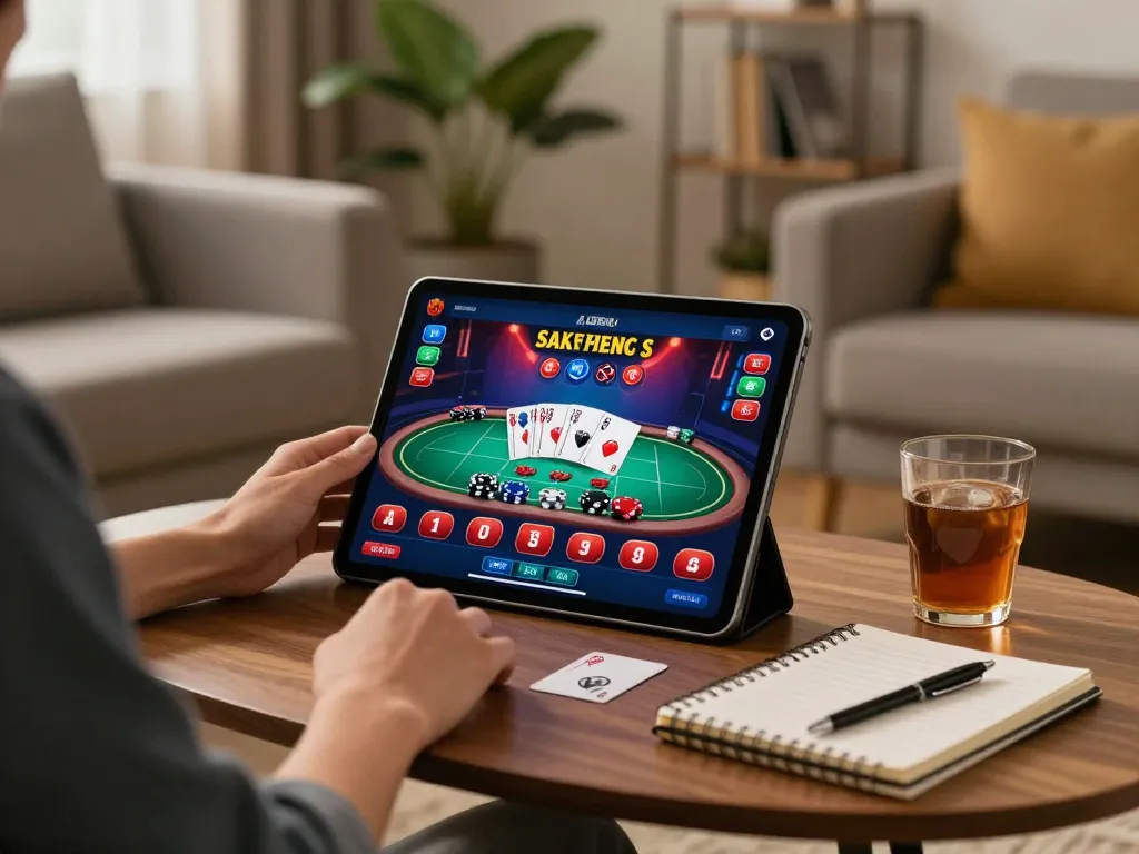 Engaging with live betting on nhà cái gi8 in a cozy home setting, showcasing strategy notes and gaming interface.