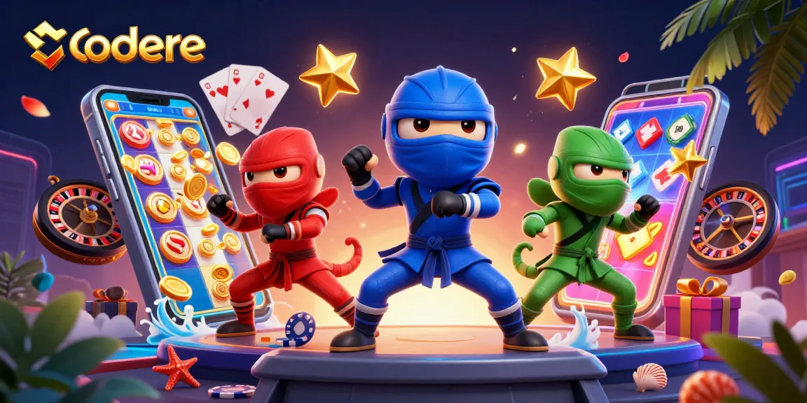 Codere enhances gaming excitement with ninja chameleons and vibrant casino elements in a dynamic illustration.
