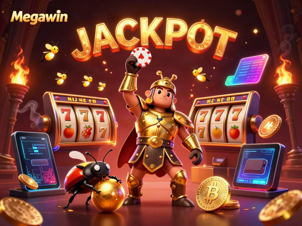 Megawin: Menangkan jackpot slot dengan penggoda beruang gladiator dan simbol kemenangan.