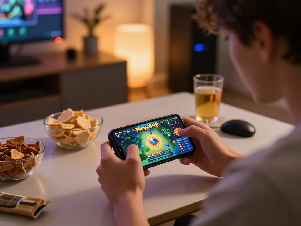 Engaged player enjoying Mega888-mega888 gaming on smartphone, cozy atmosphere with snacks.