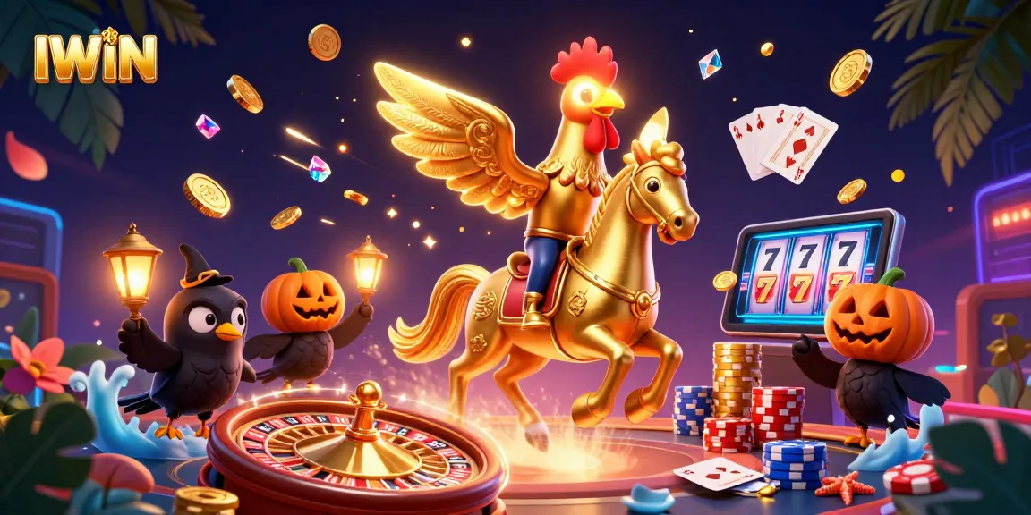 IWIN showcases a golden rooster in a casino scene, winning with coins and gameplay details.