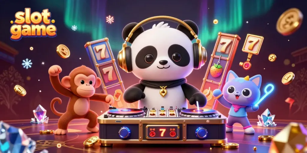 DJ panda spins slot game reels as a breakdancing monkey and glow-stick kitten dance in a vibrant casino scene.
