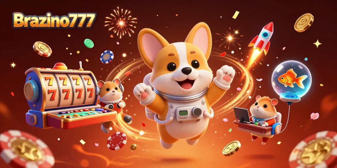 Brazino777 takes you to a vibrant casino world, where an astronaut corgi and friends float with excitement.