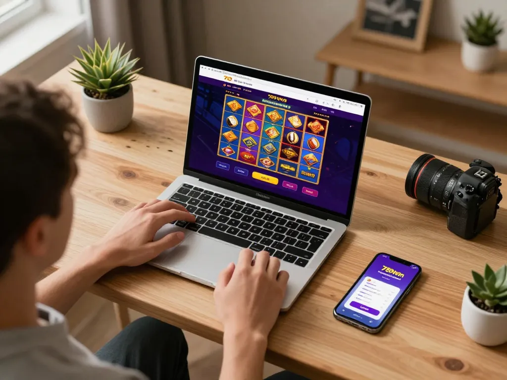 Player enjoying a thrilling gaming session on 789win casino app in stylish home office.