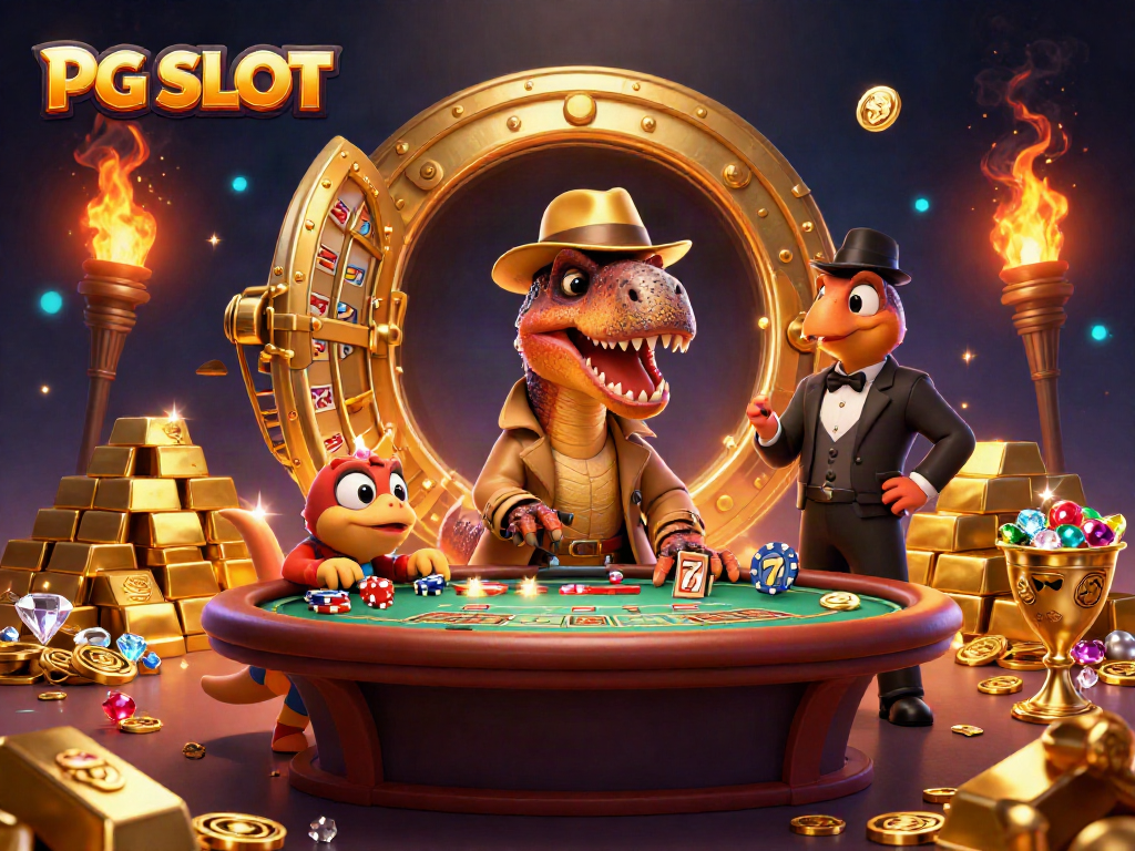 PG SLOT illustration featuring a velociraptor card counter at a blackjack table with golden treasures.