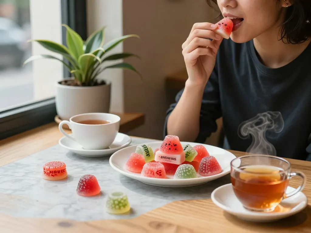 Enjoying Activist Edibles infused treats in a cozy café setting with warm lighting and vibrant colors.