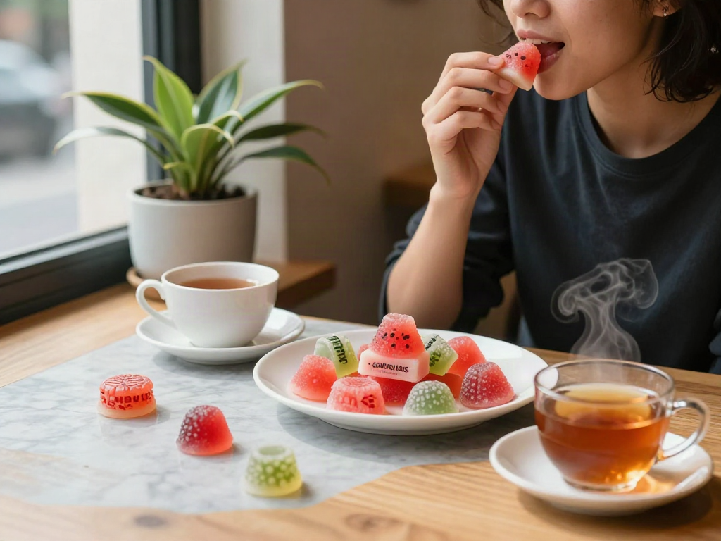 Enjoying Activist Edibles infused treats in a cozy café setting with warm lighting and vibrant colors.