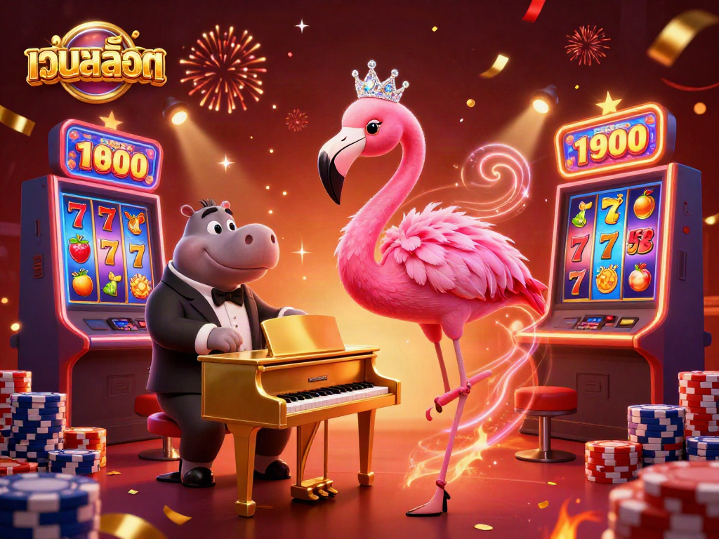 Experience thrilling เว็บสล็อต action with vibrant characters in a lively casino setting featuring slot reels and jackpot delights.