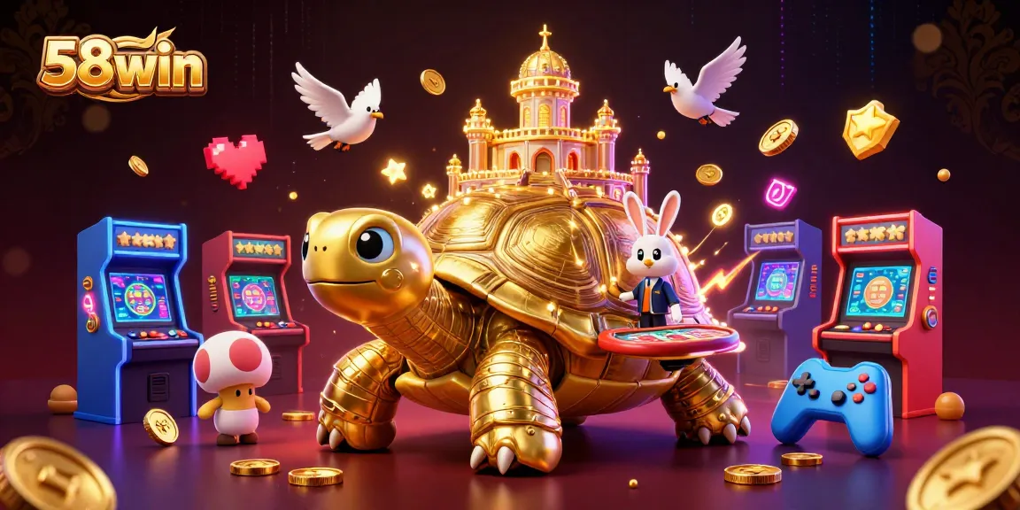 Players enjoy the vibrant gaming atmosphere at 58win with golden coins and colorful arcade elements.