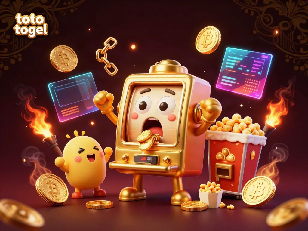 Catch the excitement of toto togel with a golden slot machine hitting a jackpot, surrounded by cheering characters.