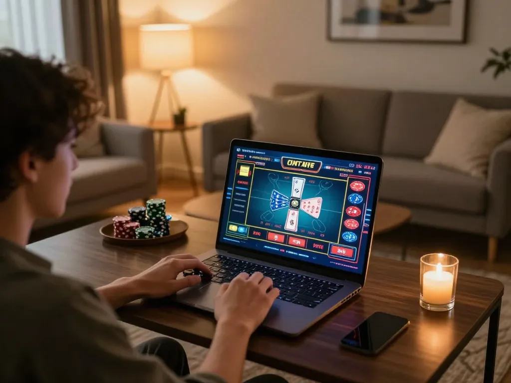 Player enjoying online gambling with go8s on laptop, showcasing a vibrant casino interface in a cozy setting.