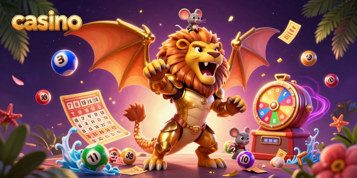 Experience thrilling casino elements with a roaring chimera, colorful balls, and dazzling effects