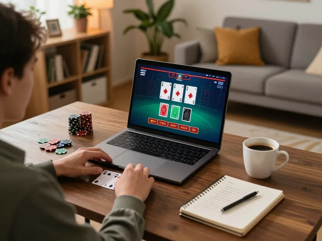 Person engaging in strategic online blackjack gaming at home with laptop, representing lc88.