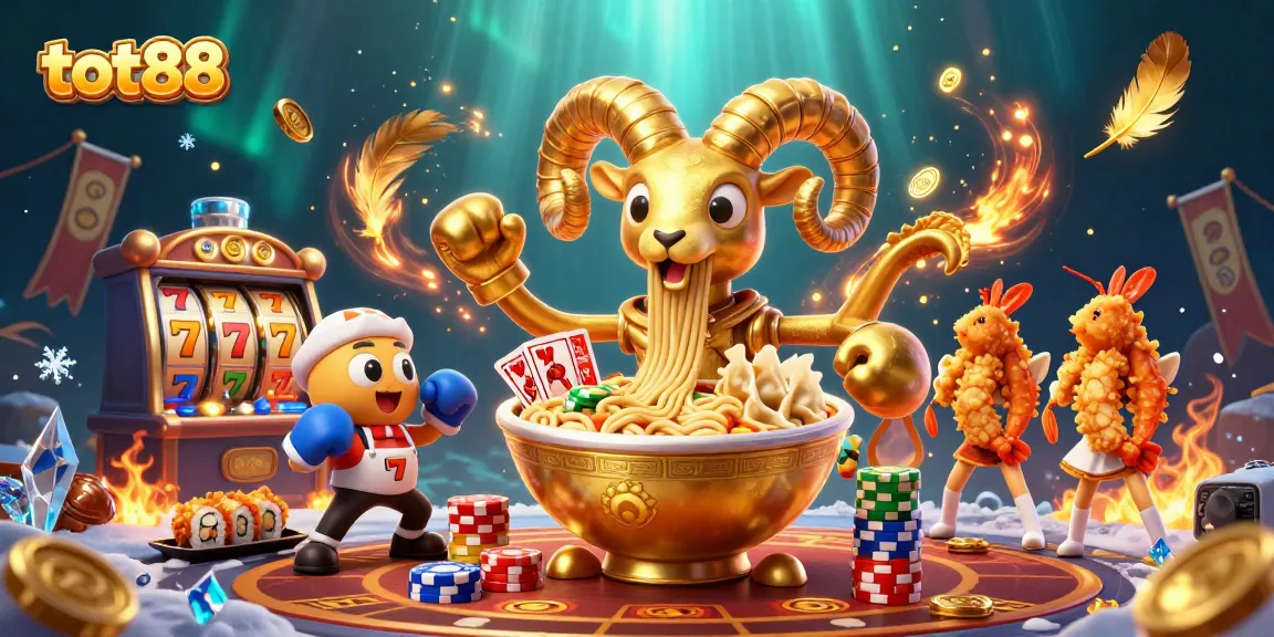 Join the fun at tot88 with a vibrant 3D illustration showcasing cards, slots, and cheerful characters.