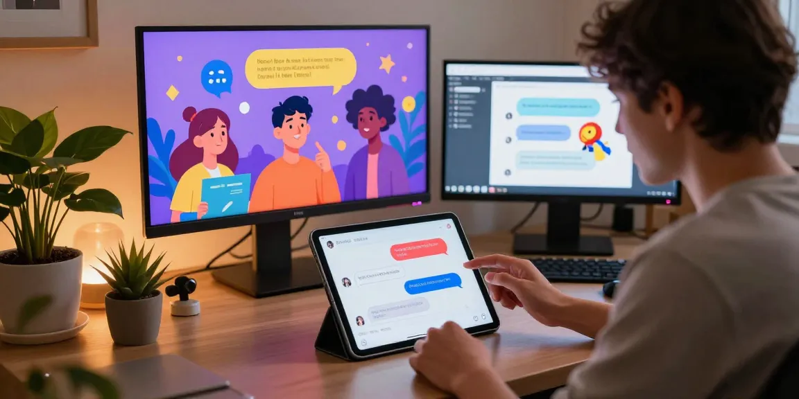 NSFW AI engagement scene showcasing a user interacting with colorful AI characters in a cozy workspace.