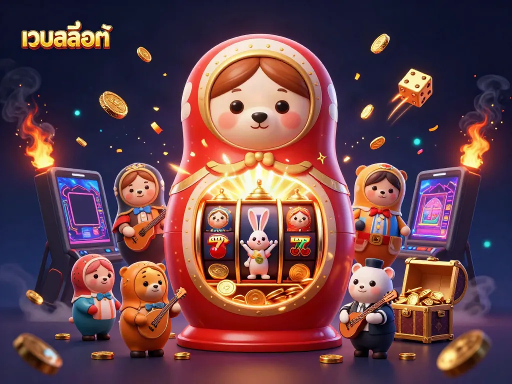 Experience the thrill of เว็บสล็อตแท้ with cartoon bears and casino symbols bursting with excitement.