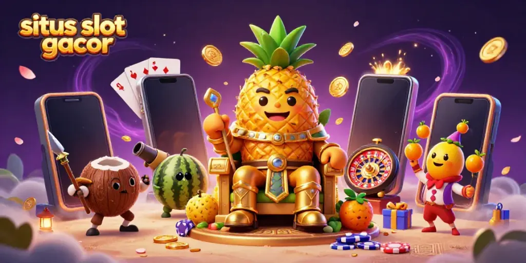 Engaging scene of the situs slot gacor featuring a golden pineapple king, vibrant game elements, and tropical decor.