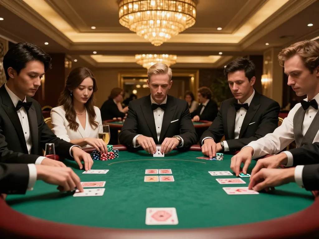 Players enjoy a strategic poker game at a luxurious casino, showcasing a classy atmosphere of the restaurantepalominos.