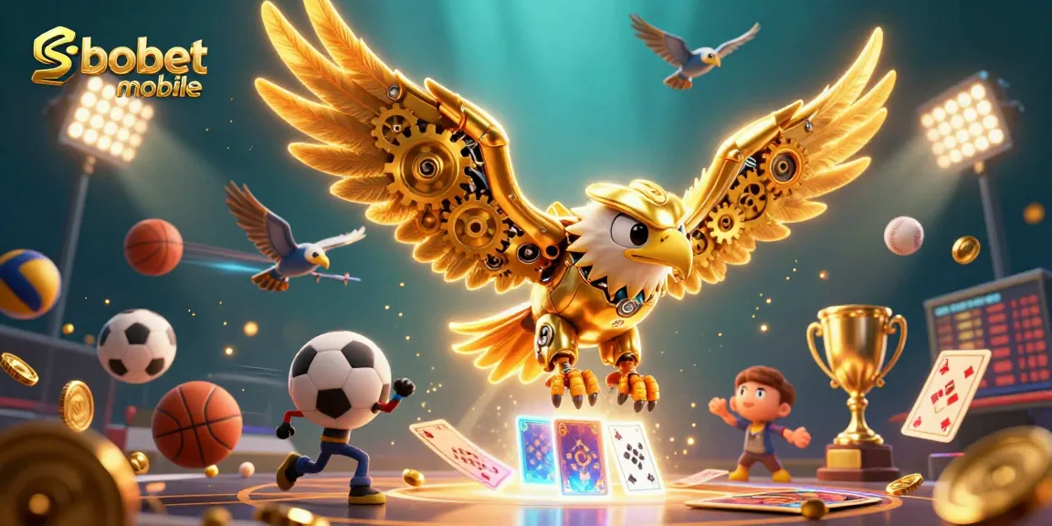 Engage in sbobet mobile excitement with this vibrant 3D illustration of a cybernetic eagle amidst sports betting elements.