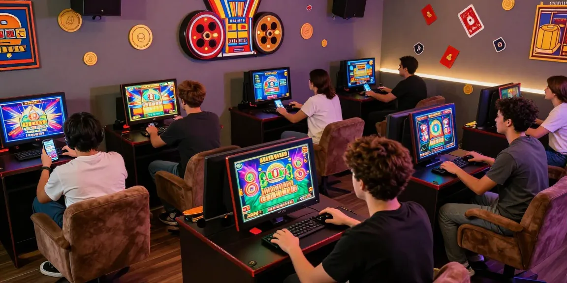 Excited players enjoying slot7000 games on multiple devices in a vibrant gaming lounge.