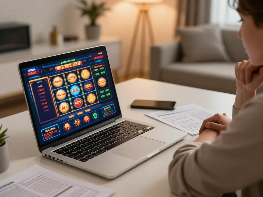 Engaging in online casino gaming with ดูหนังใหม่ displayed on laptop screen, highlighting vibrant slots interface.