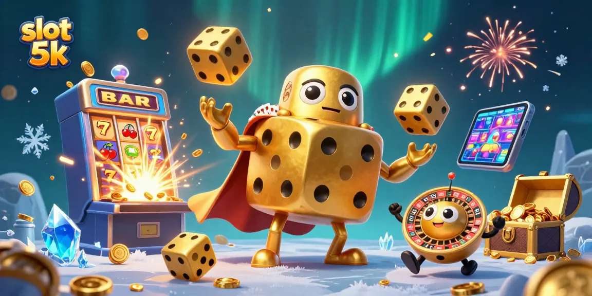 Permainan slot 5k yang mengagumkan dengan karakter dadu emas besar dan jackpot menarik.