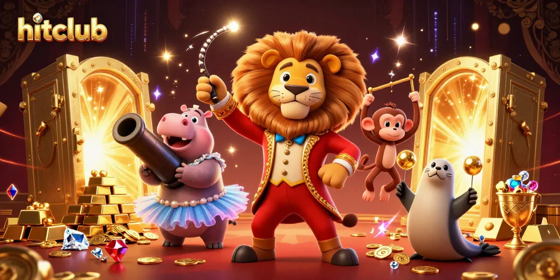 Engage with hitclub's vibrant casino scene, featuring animated characters in a gold-rich environment.