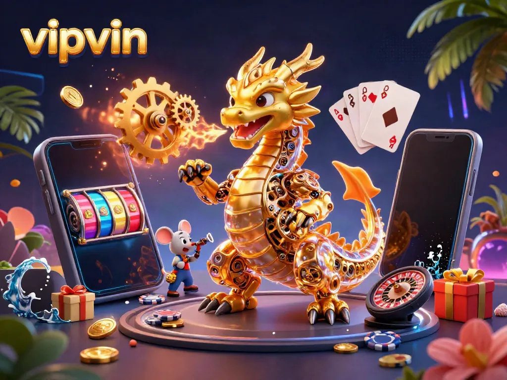 Engage in thrilling gaming adventures with vipvin, featuring a golden dragon amidst vibrant casino elements.