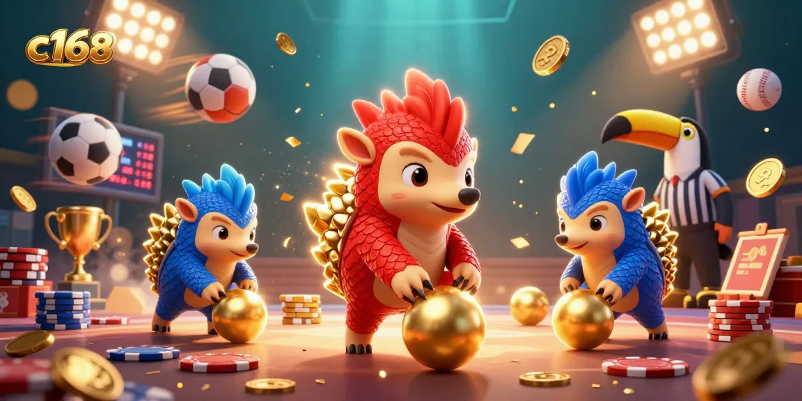 C168 showcases pangolins bowling with poker chips in a vibrant casino scene filled with golden elements.