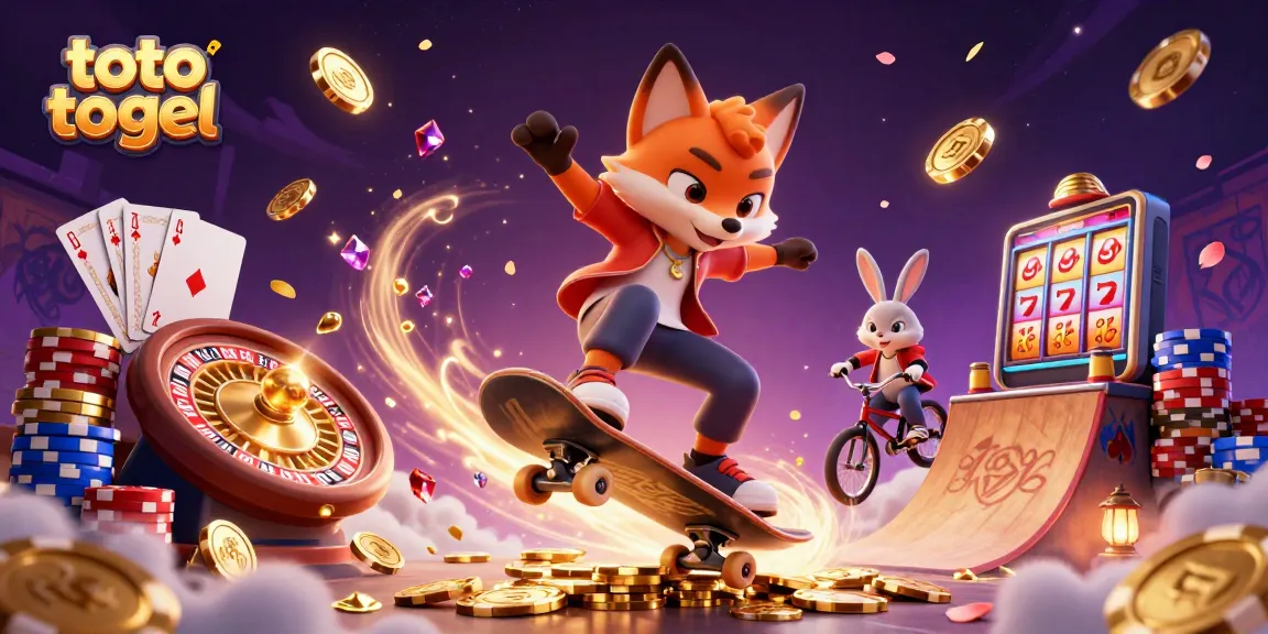 Toto togel gaming scene showcasing a skateboarder fox and BMX rabbit surrounded by dazzling casino elements.