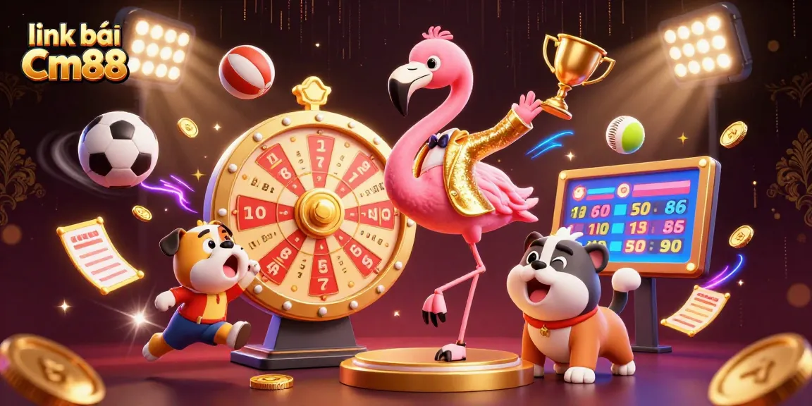 Win big with the official link vào Cm88, featuring a dynamic game show scene with engaging characters and elements.