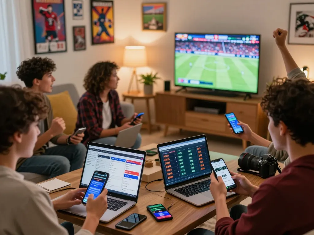 Acara taruhan online yang menarik dengan berbagai teman terlibat dalam taruhan menggunakan perangkat mobile dan laptop, menunjukkan aspek komunitas dari agen judi bola.